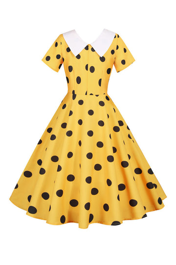 Polka Dots gul vintage kjole med korte ærmer